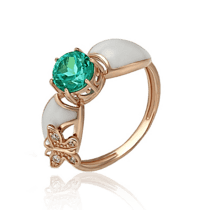 обзорное фото Золотое кольцо с зеленым кварцем и белой эмалью 028573  Золотые кольца с кварцем