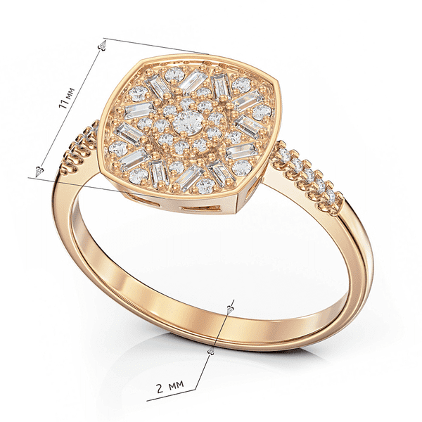 Кольцо украшено роскошной симметричной инкрустацией из круглых и прямоугольных фианитов Кольцо украшено роскошной симметричной инкрустацией из круглых и прямоугольных фианитов