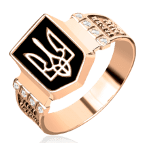 обзорное фото Золотой мужской перстень Тризуб с чёрной эмалью 039346  Золотые печатки и кольца для мужчин