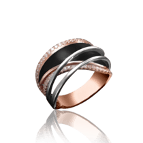 обзорное фото Золотое кольцо с фианитами и черной эмалью 030843  Эксклюзивные кольца из золота