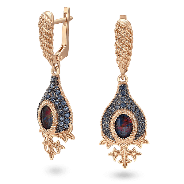 Золотые серьги с плетением, листочками, темно-красным опалом с переливами и нанокристаллами 040785 детальное изображение ювелирного изделия Золотые серьги с нанокристаллами Золотые серьги с плетением, листочками, темно-красным опалом с переливами и нанокристаллами 040785 детальное изображение ювелирного изделия Золотые серьги с нанокристаллами