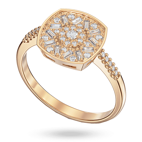 Золота каблучка з квадратним верхом прикрашеним розкішною симетричною інкрустацією з круглих і прямокутних фіанітів та розсипом на шинці каблучки Золота каблучка з квадратним верхом прикрашеним розкішною симетричною інкрустацією з круглих і прямокутних фіанітів та розсипом на шинці каблучки