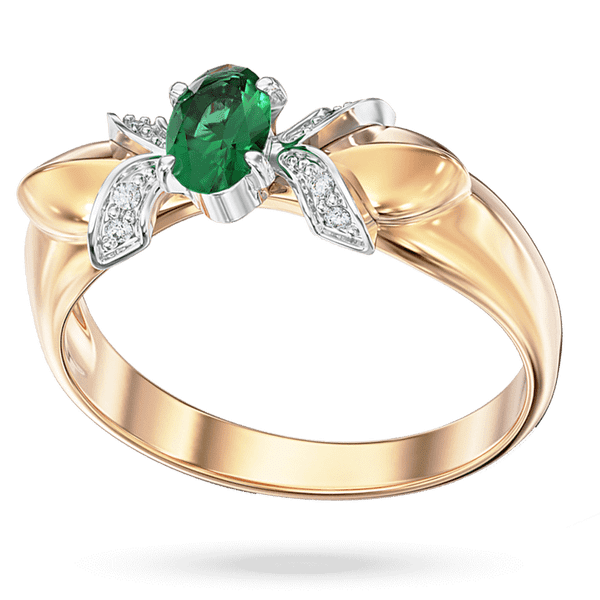 Золотое кольцо с зеленым изумрудом, окруженным словно лепестками и белыми чашечками с бриллиантами  Золотое кольцо с зеленым изумрудом, окруженным словно лепестками и белыми чашечками с бриллиантами