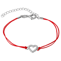 обзорное фото Шелковый красный браслет с сердцем из фианитов 925 пробы 039390 Браслеты красная нить обзорное фото Шелковый красный браслет с сердцем из фианитов 925 пробы 039390  Браслеты красная нить