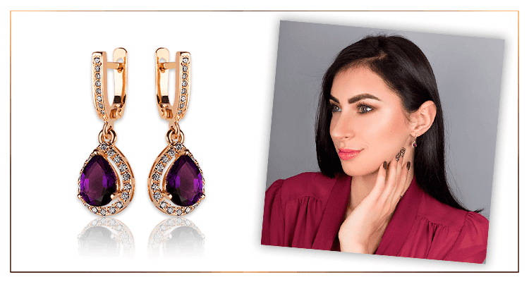 Золотые серьги с фиолетовым камнем фото
