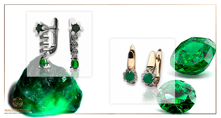 Золотые серьги с зеленым камнем фото