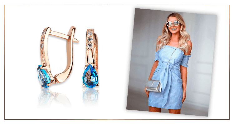 Золотые серьги с голубыми вставками фото