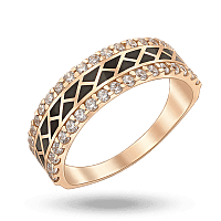 Золотое элегантное кольцо с геометрическим узором из черной эмали и дорожками фианитов 040924
