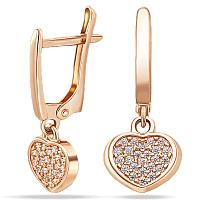 Женские серьги из червного золота Сердце с фианитами на английской застежке 039008