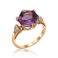 Золотое кольцо с крупным аметистом и фианитами 036665