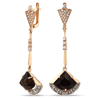 Сережки підвіски золоті з димчастим кварцем і фіанітами 034418