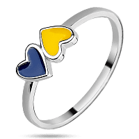 Серебряное кольцо с маленькими сердечками с желто - голубой эмалью 039481