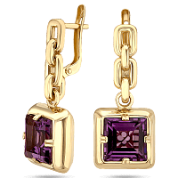 Сережки с квадратным аметистом в желтом золоте 034693