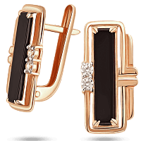 Женские серьги прямоугольной формы с черным агатом и белыми фианитами 039287