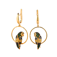 Золотые серьги в красном золоте Попугай с фианитами 028422