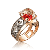 Золотое кольцо с горным хрусталем и фианитами 035543