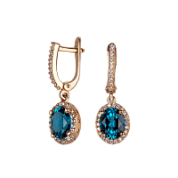 Золотые серьги подвески с Лондон топазом и фианитами 030770