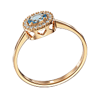 Золотое кольцо с голубым топазом и фианитами и вырезами в форме сердца 040263