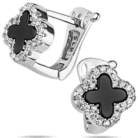 Нежные серебряные серьги на английской застежке Клевер с ониксом и фианитами 039398