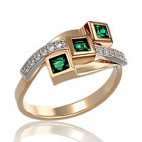 Золотое кольцо Квадраты с зелеными камнями 033704