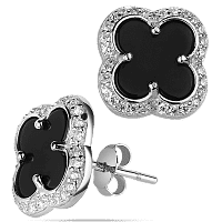 Серьги - пусеты в виде клевера с ониксом и белыми фианитами 039444
