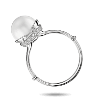 Каблучка у білому золоті «AURORA LIGHT» з перлиною та доріжкою діамантів 041252