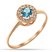 Золотое кольцо с нежно-голубым топазом и фианитами, по бокам сердца 036235