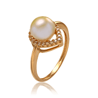 Нежное золотое кольцо с жемчугом и фианитами 031609