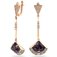 Вечерние серьги-подвески золотые с александритом и фианитами 034415