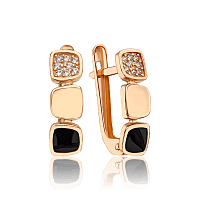 Золотые сережки Квадраты с фианитами и черной эмалью 034489