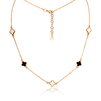 Золотое колье Клевер с черной и белой эмалью 035659