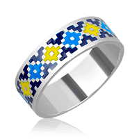Серебряное кольцо Украинская Вышиванка жёлто-голубая, родированное серебро 925 пробы 037255