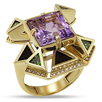 Кольцо дизайнерское из золота 585 пробы с аметистом, агатом и фианитами 035050