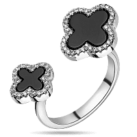 Серебряное кольцо с двумя клеверами из оникса и фианитов 039457