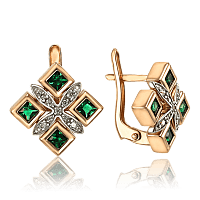 Золотые серьги с зелеными изумрудами и фианитами 031607