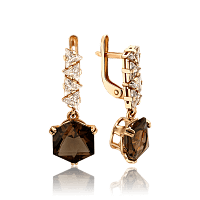 Жіночі золоті сережки підвіски з димчастим кварцем і фіанітами 035884