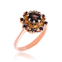 Золотое кольцо с дымчатым кварцем и цитрином Цветок 032949