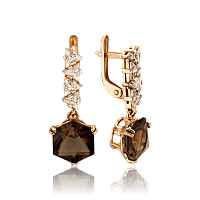 Женские золотые серьги подвески с дымчатым кварцем и фианитами 035884