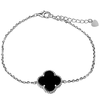 Серебряный браслет Клевер 925 пробы с ониксом и дополнительной цепочкой 039419