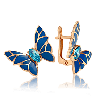 Сережки золоті Синій Метелик з емаллю і фіанітами 033666