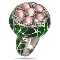 Серебряное кольцо с розовым улекситом, белыми фианитами и зеленой эмалью 039241