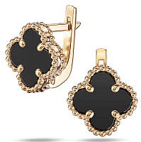 Серьги на английской застежке Клевер с черным агатом из красного золота 039919