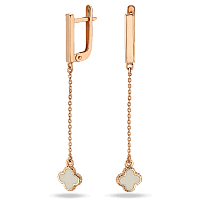 Золотые серьги с белой эмалью и подвесным клевером 038983