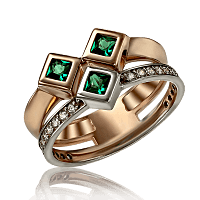Кольцо из красного и белого золота 585 Кубики с изумрудами и фианитами 033693
