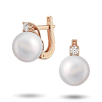 Елегантні золоті сережки з перлиною та фіанітом на англійській застібці 041249
