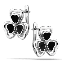 Серьги-пуссеты в белом золоте с трехлистным клевером эмалью и камешком фианит 040004
