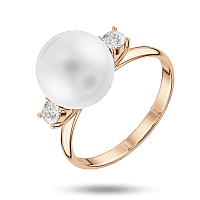 Тонка золота каблучка з перлиною та фіанітами 041217
