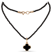 Золотое колье с черным агатом и эмалью Клевер 033104