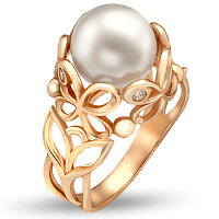 Золотое кольцо с жемчугом и фианитами 028599
