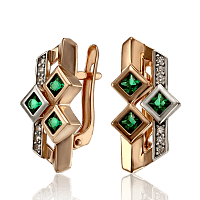 Сережки золотые Кубики с изумрудами 033687